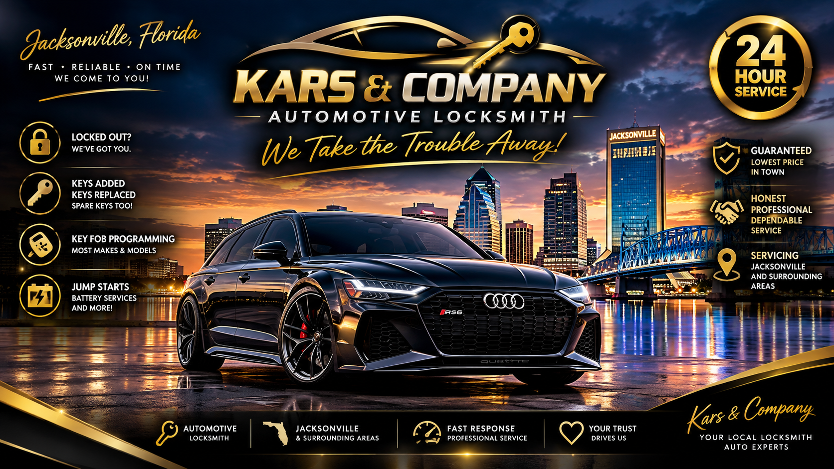 Kars & Company automotive locksmith — black car on the Jacksonville riverfront